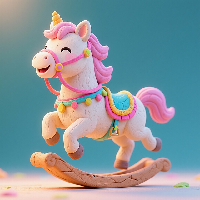 软3D粘土风格的可爱独角兽摇马，粉色鬃毛与甜美元素交织，充满童趣与梦幻感，适合儿童节主题设计。