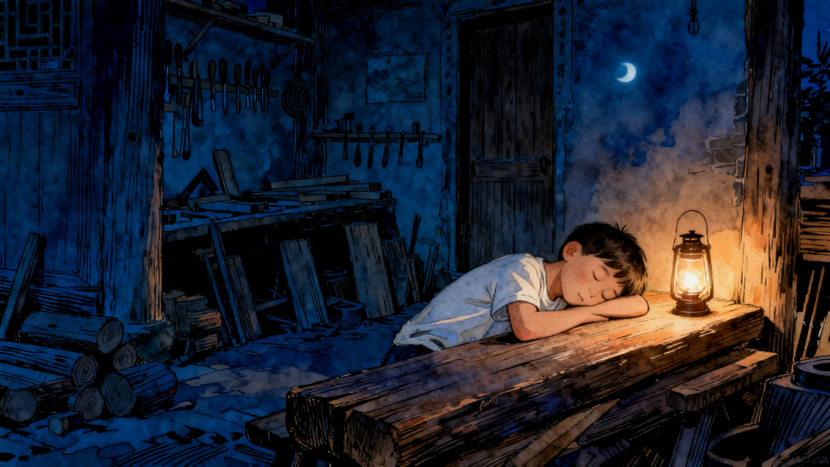 中景，场景：老宅作坊夜晚，画面：小男孩累了，靠在木料上睡着，与木为友，伴木而睡，微弱油灯，温暖安静的氛围，延续https://6.jpg的手绘水彩风格预览效果