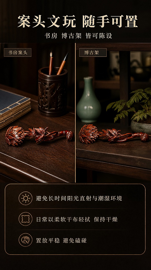 【拼多多详情页第8屏 场景陈列与养护】9:16 竖版电商详情页单屏，新中式深色室内场景。
[产品保真 最重要] 严格保持输入图外观：深红棕色黄杨木雕“竹叶如意”（竹叶簇如意头、竹节柄、尾端卷曲竹根、叶丛中一只蝉）；保持形态比例、竹叶与蝉的位置、颜色与雕工细节，与摆放面有真实接触阴影，不得悬浮。
[构图] 竖版上部约50%为左右两格场景：左格为书房案头（如意平放于深胡桃木书案一角，旁搭配线装书与笔筒），右格为博古架层板（如意平置于层板，后景为虚化青瓷与绿植）；两格如意均完整入画、两端不出画，各占该格宽度约85%，中间以暗金细线分隔；每格左上角一条水平细长条形标签，内写横向单行文字“书房案头”“博古架”；下部约45%为深棕黑半透明圆角养护信息卡（暗金细线边框）。
[光影质感] 室内暖光与左上45度暖柔光混合，木雕表面油润反光，桌面与层板有自然接触阴影，背景虚化。
[配色] 深棕黑与深胡桃木家具为主；标题暖米白，正文浅暖灰，强调暗金。
[文字版式] 顶部主标题“案头文玩 随手可置”（宋体类衷线粗体、暖米白、最大字号），下方副标题“书房 博古架 皆可陈设”（浅暖灰、字号缩小一半）；下部信息卡三行横向小字“避免长时间阳光直射与潮湿环境”“日常以柔软干布轻拭 保持干燥”“置放平稳 避免磕碰”；所有文字一律横排单行。
[禁止] 文字竖排、上下堆叠或旋转；任何尺寸或重量数字；功效类文案与绝对化用语；平台Logo、水印、二维码、装饰边框；道具书册/器物上不得出现任何文字或图标。