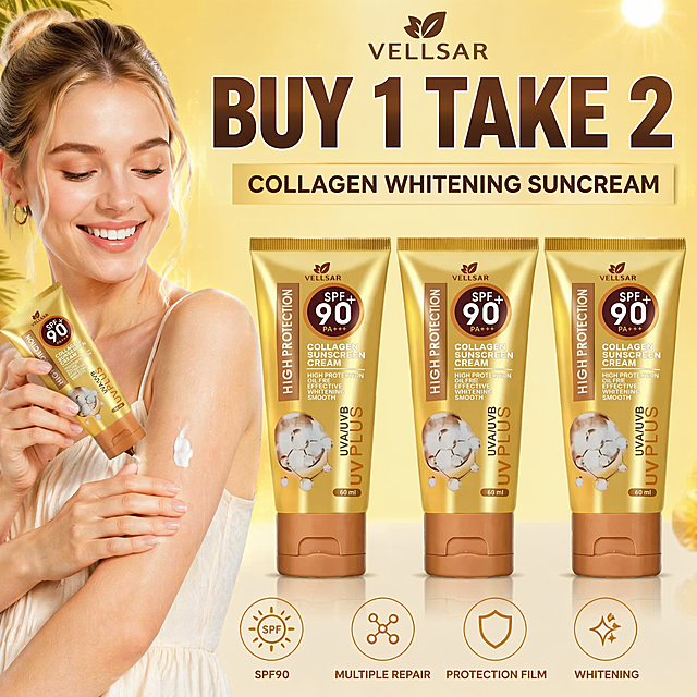 [单张主图] VELLSAR COLLAGEN WHITENING SUNSCREEN 胶原蛋白美白防晒霜，爆款促销感主图，展示美女涂抹防晒霜的使用画面。
参考比对：用户提供产品原图，生成时放置完整清晰的三支防晒霜实物图（和原图数量一致，三支软管），一位年轻欧美美女在画面左侧正在手臂涂抹防晒霜，保持防晒霜产品外观、包装形状、材质质感、土豪金色与棕色渐变包装与输入产品图绝对一致，杜绝任何变形和色差，精细化处理；产品主体整体占画面约65%。
构图版式：采用顶部大标题型版式，顶部放置促销主标题，中部三支完整产品排列+美女涂抹展示，产品主体占比合计约65%，文字信息放在对应自然留白区域，不遮挡产品主体和模特人脸，促销信息醒目突出，信息层级分明。
场景元素：明亮暖黄色渐变背景，符合Shopee东南亚市场偏好色彩丰富突出信息的审美，年轻欧美美女皮肤白皙，穿着简约浅色度假风吊带，表情阳光愉悦，正在左手臂处挤出少量防晒霜涂抹，展示产品轻薄水润质地，三支完整产品整齐排列在中部偏右侧，清晰展示完整包装。
文案版式：
顶部居中品牌"VELLSAR"
品牌下方促销主标题："BUY 1 TAKE 2"
主标题下方副标题："COLLAGEN WHITENING SUNCREAM"
底部四个卖点图标对应文字，均匀排列："SPF90" "MULTIPLE REPAIR" "PROTECTION FILM" "WHITENING"
所有文字均为英文，无任何中文字符，促销主标题字号最大最醒目，品牌和副标题次之，卖点文字最小，文字清晰可读，不遮挡产品主体和模特人脸，整体排版促销感强烈，信息分区清晰。
光影质感：主光源为明亮柔和的正面摄影光，均匀照亮产品和模特，辅光补充暗部细节，产品包装金色光泽自然真实，棕色文字和包装对比清晰，人物皮肤质感自然，产品和人物边缘有柔和投影，画面明亮通透，商业美妆摄影质感，产品包装细节、文字标签清晰锐利。
配色字体：主色调为产品本身的土豪金色搭配棕褐色，背景采用明亮暖黄色渐变，文字采用深棕色，和浅色背景形成强烈对比；主标题字体选用粗厚无衬线字体，突出促销信息，品牌和卖点文字为常规字重简洁无衬线，符合跨境电商促销主图热闹突出的风格。
比例分辨率：1:1比例，2048x2048 2K分辨率，文字清晰锐利，画面超高清。
负向提示词：变形，水印，文字错乱，产品图模糊，背景杂乱，中文文字，遮挡主体，色差，结构错误，伪Logo，畸形产品，杂乱边框，人脸畸形，产品变形，防晒霜包装颜色不一致，促销信息不清晰，三支产品数量错误