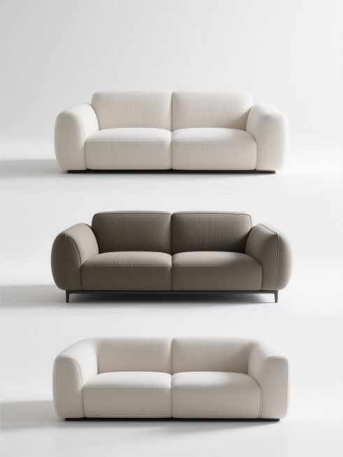 极简主义家居产品展示图，白色纯净背景，上下两行对齐排列四个不同配色、不同样式、不同材质的沙发造型，每个沙发保持原图中清晰的产品摄影风格，柔和均匀的顶光照明，细腻的材质纹理表现，平滑的线条轮廓，自然的阴预览效果