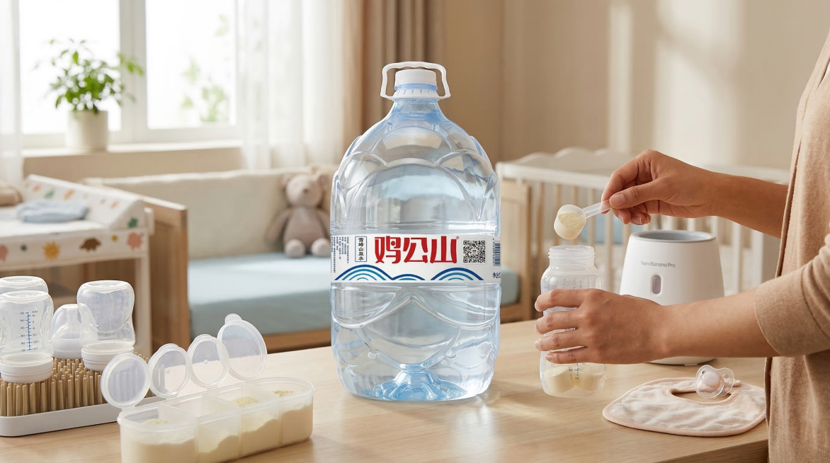 鸡公山桶装水用于婴儿冲奶粉的生活应用场景图，保持桶装水原有形状、白色桶盖、品牌Logo和包装文字不变，场景为干净明亮的家庭母婴区域，温馨自然，体现用纯净水冲奶粉的使用场景，光线柔和舒适预览效果