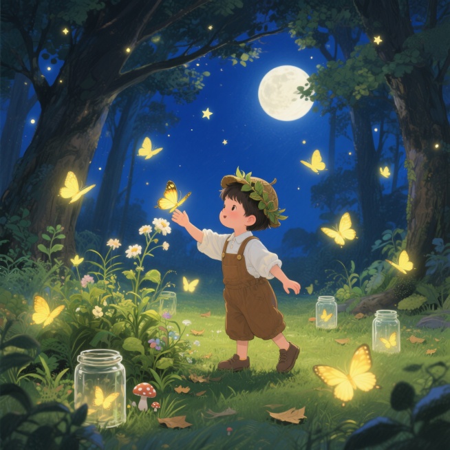 夜晚森林场景，深蓝色夜空点缀着明亮的星星和一轮皎洁圆月，月光透过茂密的树木枝叶洒下斑驳光影，地面覆盖着青草和落叶，周围飞舞着许多发光的黄色蝴蝶，画面整体呈现温馨梦幻的氛围，柔和的光影效果，细腻的笔触和丰富的色彩层次，一个穿着棕色背带裤和白色衬衫的小男孩，短发上戴着树叶编织的小帽子，正踮着脚尖伸出手想要捕捉一只停在花朵上的发光蝴蝶，他的脸上带着惊喜又小心翼翼的表情，周围散落着几个透明玻璃罐，里面……预览效果