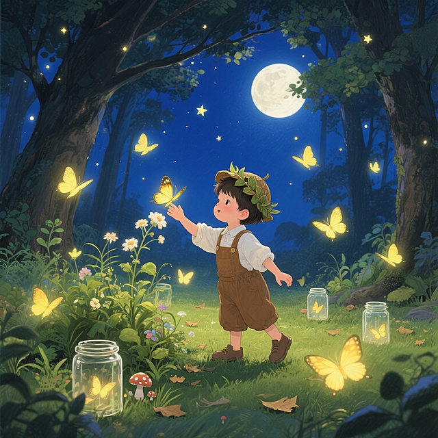 夜晚森林场景，深蓝色夜空点缀着明亮的星星和一轮皎洁圆月，月光透过茂密的树木枝叶洒下斑驳光影，地面覆盖着青草和落叶，周围飞舞着许多发光的黄色蝴蝶，画面整体呈现温馨梦幻的氛围，柔和的光影效果，细腻的笔触和丰富的色彩层次，一个穿着棕色背带裤和白色衬衫的小男孩，短发上戴着树叶编织的小帽子，正踮着脚尖伸出手想要捕捉一只停在花朵上的发光蝴蝶，他的脸上带着惊喜又小心翼翼的表情，周围散落着几个透明玻璃罐，里面已有几只蝴蝶在飞舞，小男孩的脚边生长着各种绿色植物和小蘑菇