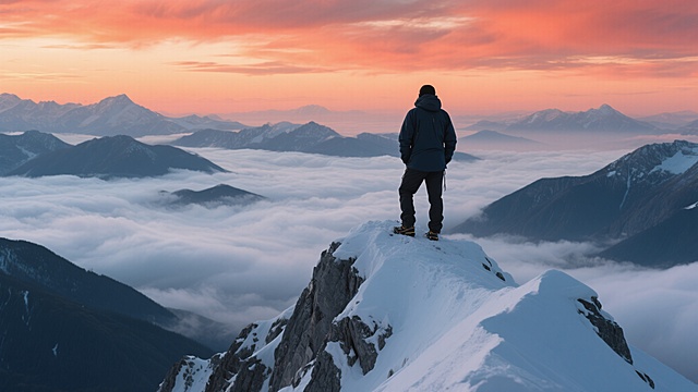一位穿着深色户外服装的登山者背对着镜头站在覆盖着皑皑白雪的陡峭山峰之巅，俯瞰着脚下云海翻腾的壮丽山脉全景，天空呈现出温暖的橙红色调，云彩被染上柔和的霞光，整体画面采用超写实主义风格，光影效果细腻，云海与山峦的层次感分明，营造出宁静而壮阔的氛围，色调从原图的蓝白色系转变为温暖的橙红色系，保持原有的构图和细节质感。