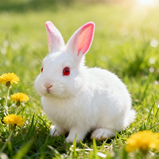 一只可爱的兔子，白色绒毛，粉红色耳朵尖，圆溜溜的红色眼睛，蹲坐在绿色草地上，周围有几朵黄色小花，阳光明媚，整体风格清新治愈