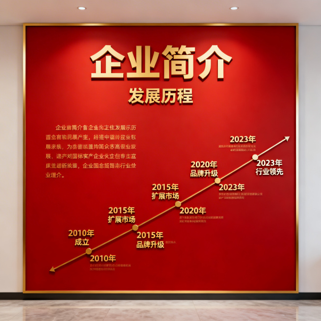 正方形红色企业文化墙，现代简约风格，展示企业简介与发展历程，大红色背景搭配金色文字装饰，庄重正式的企业文化展示设计预览效果