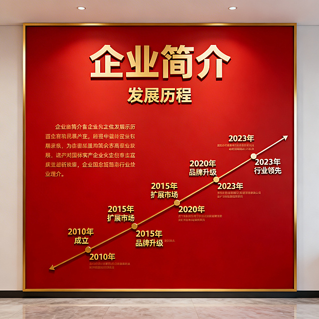 正方形红色企业文化墙，现代简约风格，展示企业简介与发展历程，大红色背景搭配金色文字装饰，庄重正式的企业文化展示设计