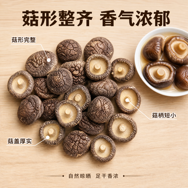 [主图-2] 香菇核心品质细节展示图
[氛围风格] 自然干货真实品质展现
[画质] 商业摄影质感，光线柔和通透，产品清晰真实，画面干净高级，保持香菇干产品外观、物理结构、材质质感、颜色与输入产品图绝对预览效果