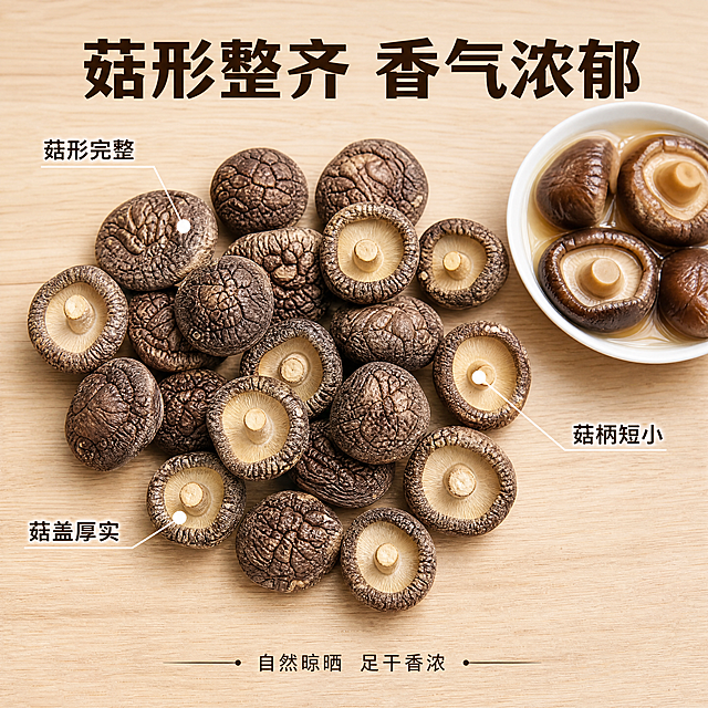 [主图-2] 香菇核心品质细节展示图
[氛围风格] 自然干货真实品质展现
[画质] 商业摄影质感，光线柔和通透，产品清晰真实，画面干净高级，保持香菇干产品外观、物理结构、材质质感、颜色与输入产品图绝对一致，杜绝任何变形和色差，精细化处理
[元素] 特写展示干香菇完整菇形，多颗大小均匀的干香菇平铺展示，用纤细引线标注菇形完整、菇盖厚实、菇柄短小三个特点，旁边摆放泡发后的香菇对比，商品主体占比控制在70%左右，画面满屏无边框
[光影] 自然柔和侧光，突出香菇表面纹理，细节清晰可见
[配色] 主色调为干香菇深褐色，搭配浅色原木背景，突出产品本身
[视角构图] 俯视平铺拍摄，整体清晰无遮挡
[文字版式] 顶部大字主文案写"菇形整齐 香气浓郁"，深褐色粗体居中，底部辅助说明用细字体标注"自然晾晒 足干香浓"，文字不遮挡主体，清晰易读
[比例分辨率] 1:1比例，4K分辨率，文字清晰锐利，画面超高清
[负向提示词] 变形，水印，文字错乱，产品图模糊，背景杂乱