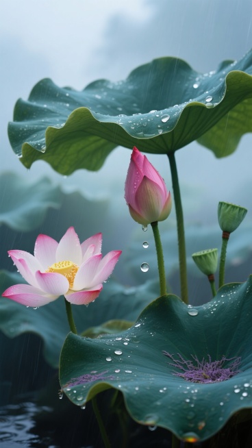 俯视角特写，烟雨朦胧的江南荷塘深处，一朵半开的粉白渐变荷花正低垂着颈项，花瓣边缘泛着被雨水浸润的深胭脂红，中心鹅黄色的莲座上凝结着三滴晶莹剔透的水珠，其中一颗正欲坠落。左前方完全绽放的荷花在微风中轻颤，露出细密如金粉的雄蕊，右侧两枚青绿色花苞上还残留着昨夜的雨痕。巨大的墨绿色荷叶如伞盖般铺展，叶面滚动着银亮的雨珠，叶缘自然卷曲形成优美的波浪线，几缕淡紫色的水藻从叶底悄然探出。背景是层层叠叠被雾……预览效果