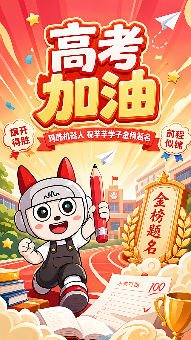 卡通插画风格，使用参考图中玛酷机器人卡通IP素材，去除原有文字，设计高考加油主题海报。主标题文案："高考加油"，副标题文案："玛酷机器人 祝芊芊学子金榜题名"，角落添加装饰短句"旗开得胜"和"前程似锦"，整体风格积极活力青春，排版精美，色彩明快，主题突出，画面保持9:16比例，文字不遮挡主体IP