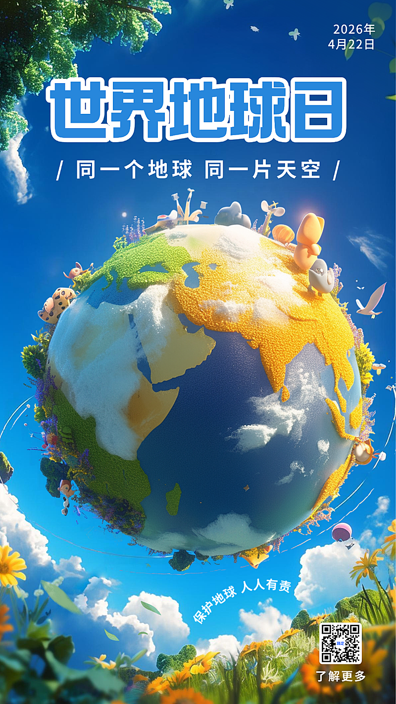蓝色3D场景合成世界地球日保护环境低碳环保公益创意节日手机海报