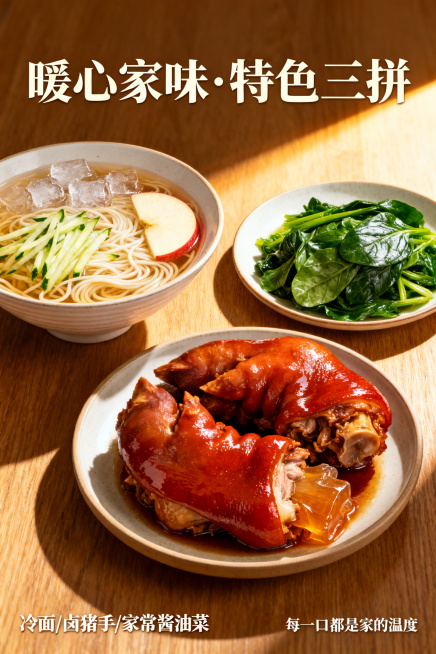 美观的美食海报，包含冷面、卤猪手和家常酱油菜三种食物，整体风格温馨诱人，色彩浓郁高级，菜品摆放整齐美观，适合做餐饮宣传海报，换一种构图重新生成预览效果