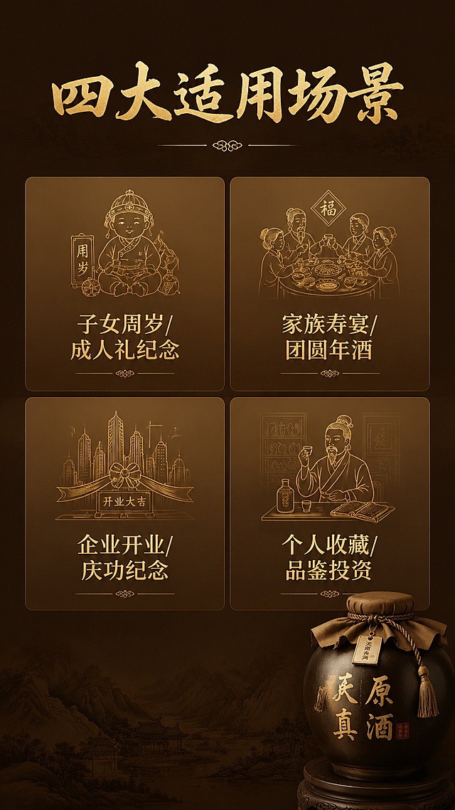 「图片1」，生成详情页，商品名称为天原真酒，竖版封坛窖藏酒产品详情图，使用我已上传的古铜雕花陶坛天原真酒图作为主视觉主体，产品为10斤装典藏封坛酒。
顶部主标题「封坛藏岁月 一坛寄初心」，副标题「天原真酒 · 10斤装专属祈福封坛」
第一板块·品质根基：横向排列4项核心品质，配简约图标
纯粮原浆零勾兑 | 百年古井天然水源 | 陶坛恒温窖藏陈化 | 传统固态酿造工艺
第二板块·专属封坛仪式（重点突出，分步骤清晰排版）：
标题「四重庄重仪轨 专属封坛体验」
1. 选坛定号：选定专属吉祥坛号，录入窖藏专属档案
2. 寄语封条：亲手题写封坛寄语，张贴专属封印封条
3. 祈福仪轨：举行庄重祈福仪式，寄予平安顺遂祝愿
4. 入窖颁证：封坛入恒温酒窖，颁发专属收藏证书
第三板块·四大适用场景：
子女周岁/成人礼纪念 | 家族寿宴/团圆年酒 | 企业开业/庆功纪念 | 个人收藏/品鉴投资
底部服务保障：专属刻字定制 · 酒厂免费代存 · 按需分装取用 · 随时预约探坛
风格：中式古典厚重，主色调深棕+朱砂红+烫金，呼应酒坛复古雕花质感，高端大气有仪式感，排版规整层级清晰，文字醒目易读，电商详情页质感，高清精致，无多余花哨元素。适配淘宝/天猫平台，单图比例为9:16，需求屏数为8张。