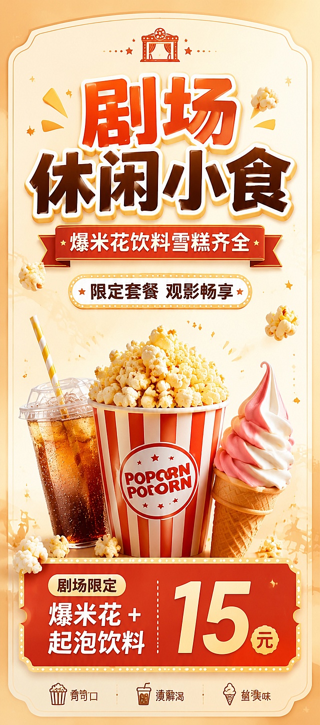 明亮休闲商业风格海报，适配演艺剧场场景，整体版式精美，主视觉居中清晰，四边留安全边距。主标题文字"剧场休闲小食"，副标题文字"爆米花饮料雪糕齐全"，装饰文字"限定套餐 观影畅享"，促销信息"剧场限定 爆米花+起泡饮料 15元"。简约暖调背景，点缀爆米花、饮料、雪糕小元素，信息层级分明，文字清晰可读，推广剧场休闲零食售卖
