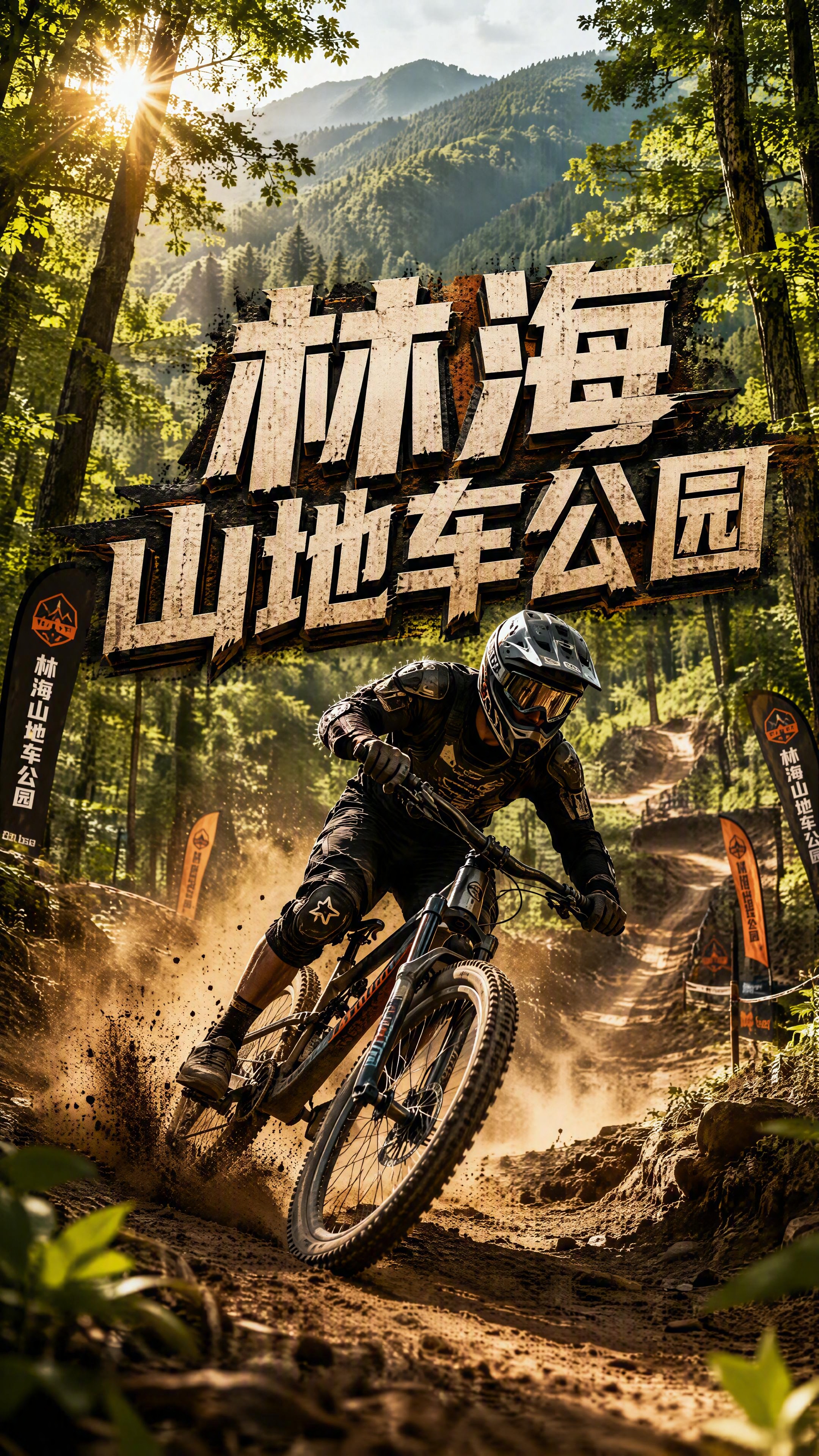 抖音直播间背景图，一名男士戴着头盔和全套护具骑山地自行车在山林… - 图片创意预览