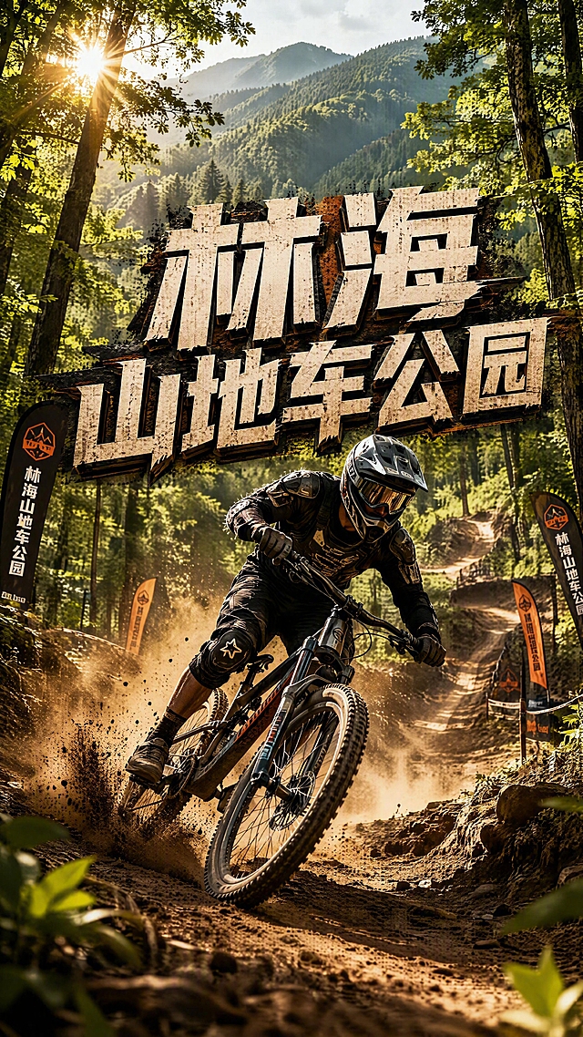 抖音直播间背景图，一名男士戴着头盔和全套护具骑山地自行车在山林越野赛道上骑行，车轮扬起尘土，充满动感活力，周围是茂密的森林和起伏的山地地形，阳光透过树林洒下，自然风光优美，画面充满运动感和活力，高清画质，细节丰富。图片正中间有醒目的大字"林海山地车公园"，字体粗犷有力，与山地越野主题风格匹配
