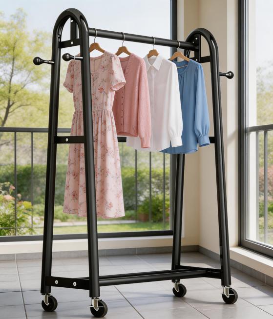 将这个黑色衣架放在室内阳台场景中，衣架横杆上挂上春季女装，保持衣架本身的造型和结构不变，替换背景为明亮的室内阳台环境，整体自然和谐预览效果