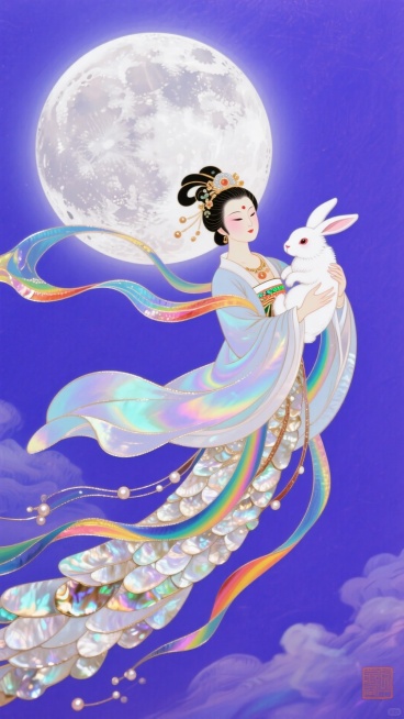 母贝漆画，生动的天女，嫦娥拥抱白玉兔，飞向月球，飘逸的袖子，仙境风格，凉爽的蓝紫色背景预览效果
