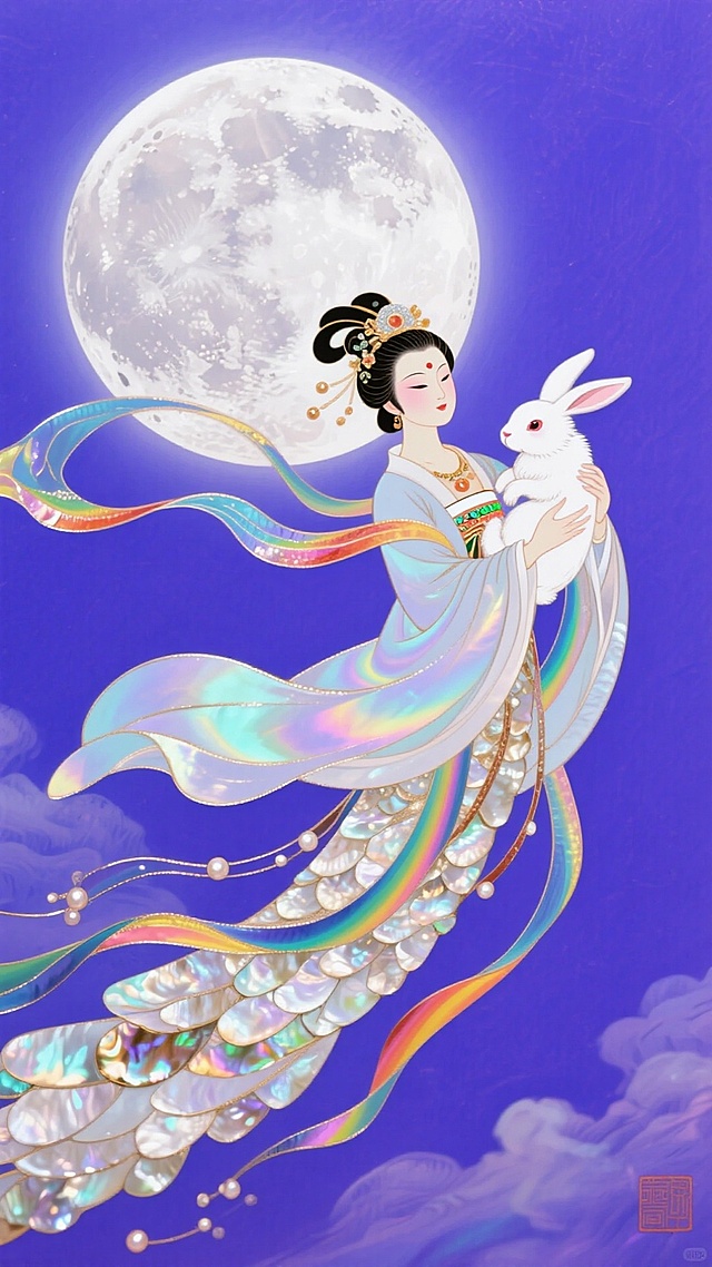 以母贝漆画之韵，绘天女嫦娥怀抱玉兔，袖带飘飞，于蓝紫冷调仙境中翩然飞向月宫，如梦似幻，尽显神话缥缈之美！