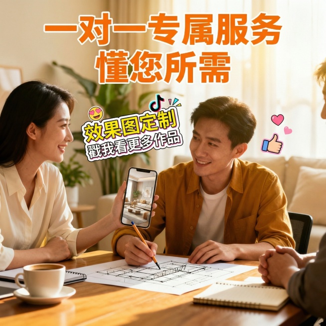抖音个人作品风格，效果图制作服务宣传图，画面是设计师对着手机展示效果图，手机屏幕是精美室内效果图，旁边有抖音风格的文字贴纸"效果图定制 戳我看更多作品"，背景是温馨的居家场景，整体风格接地气、有网感，预览效果