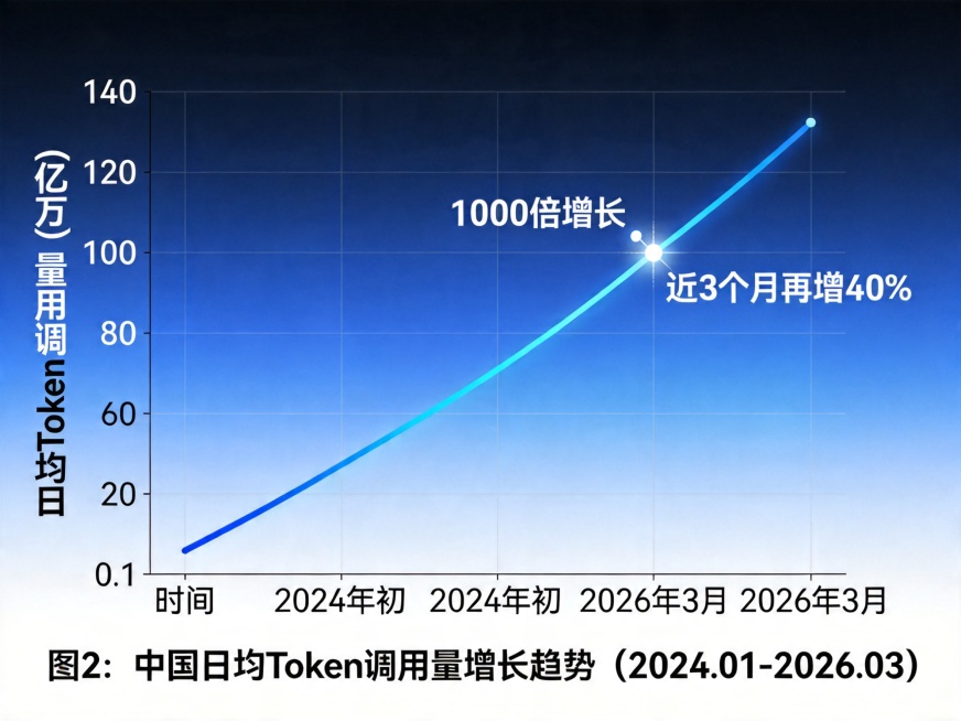 爆炸式增长折线图，科技风数据可视化，横轴标注时间从"2024年初"到"2026年3月"，纵轴标注日均Token调用量，单位为万亿，曲线从2024年初约0.1万亿开始，飙升至2026年3月的140万亿，预览效果