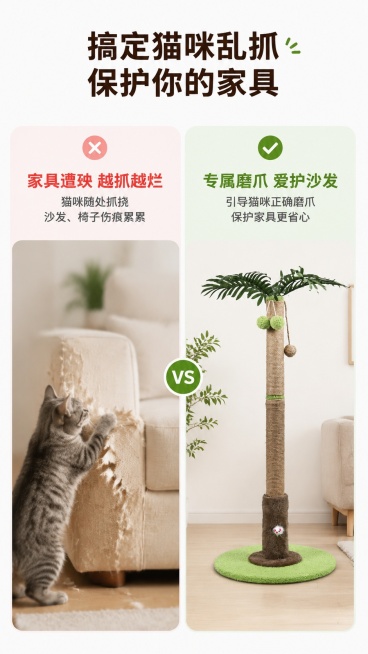 [第2屏] 痛点对比页-传统抓挠解决方案vs我们的椰树剑麻猫爬架。本屏使用【图1】作为展示产品主体。
[氛围/风格] 清晰对比风，简洁明了，生活化场景质感。
[元素布局] 左右分栏对比版式，左栏展示痛预览效果
