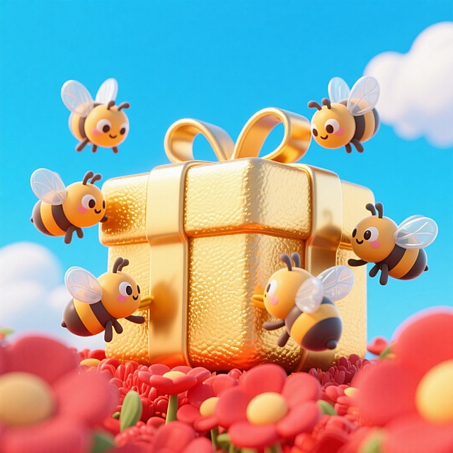 软3D风拟人小蜜蜂环绕鎏金礼盒，置于花海之中，梦幻温馨，充满节日趣味与可爱感。