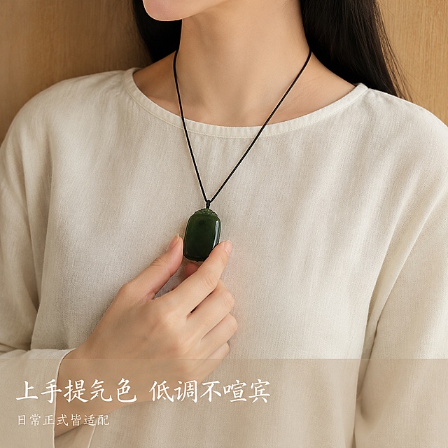 [主图-4] 青黄口无事牌和田玉吊坠佩戴上身效果展示。
[氛围风格] 日常雅致，突出佩戴气质，提升气色。
[画质] 自然氛围感摄影，清晰自然，质感高级。
[元素] 保持青黄口无事牌和田玉吊坠的外观、物理结构、材质质感、颜色与输入产品图绝对一致，杜绝任何变形和色差，精细化处理。女性手模展示，修长手指轻握无事牌，展示佩戴在胸前的比例效果，模特穿着素色米白色棉麻上衣，整体简约干净，突出无事牌低调点缀的效果，黑色挂绳清晰可见。背景是浅木色墙面，简洁不抢主体。无事牌主体清晰完整。
[光影] 柔和自然光，氛围温暖雅致，玉质光泽自然呈现。
[配色] 主色调玉石青黄绿色，素色米白，浅木色，整体清新干净。
[视角构图] 中景平视拍摄，聚焦吊坠和手模，景深适中。
[文字版式] 底部半透明蒙层，左对齐文案，大字写"上手提气色 低调不喧宾"，白色书法字体，辅助小字写"日常正式皆适配"，缩小排列。
[比例分辨率] 1:1比例，4k分辨率，文字清晰锐利，画面超高清。
[负向提示词] 变形，文字错乱，产品图模糊，背景杂乱，水印，电商平台Logo，绝对化用词，塑料感，高光刺眼，文字遮挡主体，换脸变形。