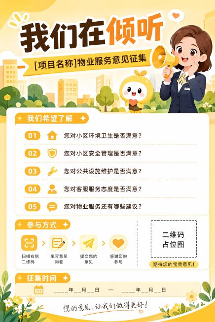 将现有正式活泼风格物业服务意见征集海报改为A4尺寸比例（比例约为1:1.414），保留海报上的所有文案内容、版式结构和设计风格，保持所有文字清晰可读，分辨率4K，质量medium预览效果