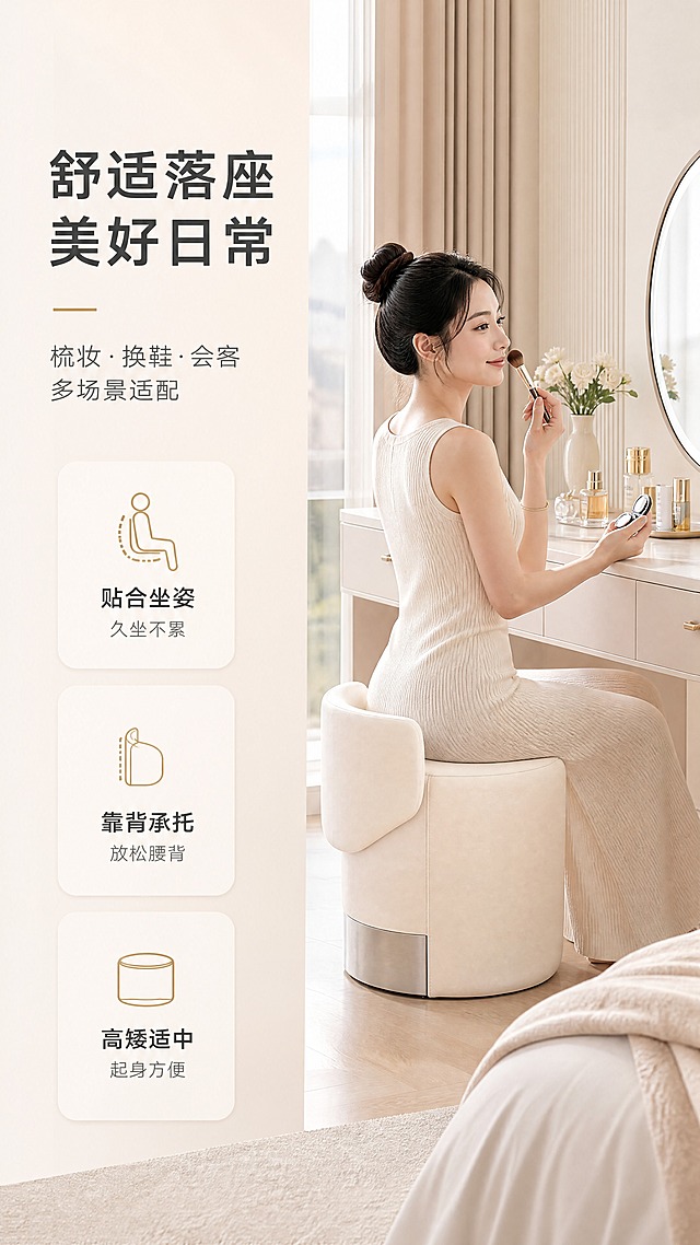 [商品] 使用【图1】中A款白色圆凳；保留圆凳造型、白色超纤皮、靠背与不锈钢圈结构；不改变比例。
[画面] 目标：真人使用体验，展示梳妆场景舒适度。右景左文构图，右侧约2/3为场景：一位亚洲年轻女性侧身坐在白色圆凳上，在梳妆台前化妆，姿态自然放松，展示坐感与使用场景；左侧约1/3为文案区；产品占画面约40%，人物与场景融合自然。背景为明亮的轻奢卧室/化妆间，自然光充足。
[视觉] 套系策略：风格=现代轻奢亮调商业家居摄影；标题字=现代无衬线粗体；正文字=简洁无衬线体；主色=奶白+浅米灰；背景延展=基于奶白与浅米灰做同色渐变、柔光墙面与细腻织物质感；强调色=香槟金/浅金，仅用于小面积图标、引线和标签；标题色=深炭灰；正文色=中暖灰；组件=圆角浅底信息卡、细线引线、金色点缀图标；光影=左前侧暖柔光，柔和阴影，整体高光亮调。
[文字] 左侧文案区：主标题「舒适落座 美好日常」，副标题「梳妆·换鞋·会客 多场景适配」，下方3条体验点：「贴合坐姿 久坐不累」「靠背承托 放松腰背」「高矮适中 起身方便」；文字不遮挡人物与圆凳主体。
[规格] 图片比例9:16竖版，4K分辨率，避免变形、错字、文字过小、冷蓝/冷灰背景、产品颜色改变、结构失真、极限词、低俗姿态。