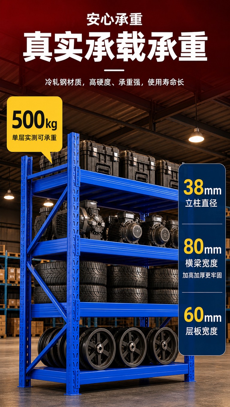 [商品] 使用【图1】蓝色四层仓储货架；保留立柱孔洞结构、斜撑… - 图片创意预览
