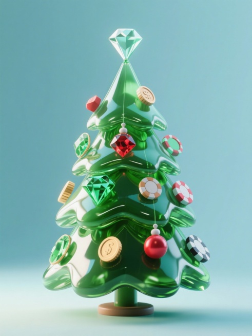 A 3D-rendered digital illustration of a glossy green glass Christmas tree with a smooth, stylized sh预览效果