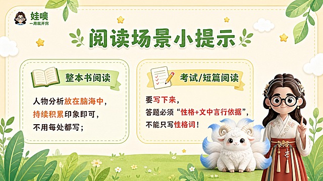A4横版儿童教育PPT页面，清新杏色和绿色可爱风格，与第3张参考图风格一致：浅杏色背景，绿色叶子装饰，白色云朵，黄色星星点缀，圆角虚线边框。左上角有"娃噢 一用就开窍"品牌logo。页面大标题为"阅读场景小提示"，绿色粗体大字。中间用两个大圆角卡片左右排列展示两种场景：左侧卡片标题：整本书阅读，配书本图标，内容：人物分析放在脑海中，持续积累印象即可，不用每处都写；右侧卡片标题：考试/短篇阅读，配试卷/铅笔图标，内容：要写下来，答题必须"性格+文中言行依据"，不能只写性格词，重点部分用红色或橙色高亮。页面右下角放置穿白色中式盘扣上衣红色裙子戴黑框眼镜棕色长卷发的3D卡通女老师和白色九尾羊有螺旋羊角尾巴尖带淡蓝色的毛绒神兽形象。底部有绿色草地和叶子装饰。整体风格清新可爱，实用提示，A4横向比例，儿童教育主题，阅读答题技巧