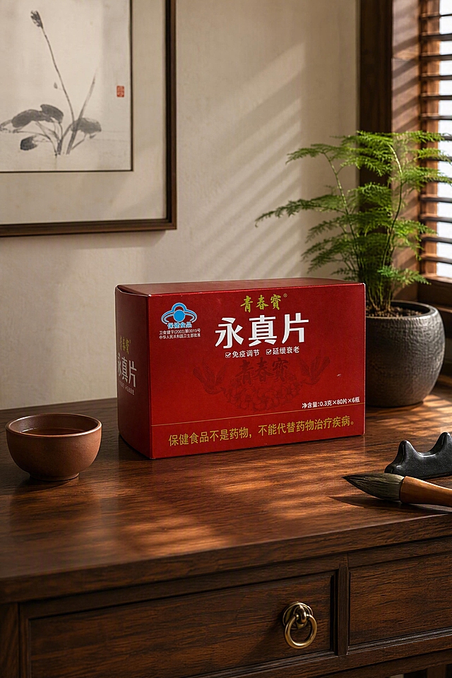 超写实室内空间摄影。
主体：保健品包装盒严格参照上传产品图，完整保留所有可见组件、部件、轮廓、结构、比例、材质、颜色与产品本体上的文字信息（logo/型号/规格/参数/浮雕/刻度等），与上传图完全一致；自然融入场景光影，与场景共处同一物理空间。产品占画面约55%，完整不裁切，中景构图，背景无其他同类产品。
构图：三分法构图，正面微侧5°平视。
风格：新中式简约。
场景：书房实木书桌一角，午后自然光氛围。
空间：①产品后方，米白色宣纸质感背景墙，挂一幅极简水墨小品画；②书桌下方，深胡桃色实木地板；③右侧，木质百叶窗透进条状光影。
陈设：①深胡桃木实木书桌台面（承载面）；②产品左侧，一只紫砂小茶杯，盛半杯琥珀色茶汤；③产品右后方，一小盆文竹，深灰陶瓷花盆；④书桌一角，一支狼毫毛笔搭在黑色笔架上。
配色/材质：中国红 / 深胡桃棕 / 米白 / 墨黑 / 竹绿；哑光纸质包装 / 实木 / 紫砂陶瓷 / 宣纸 / 竹制。
光影：主光从右侧百叶窗斜前40°照入，午后暖调自然光，条状光斑落在桌面与包装盒侧面；辅光为环境漫反射，明暗层次丰富，阴影柔和。
参数：4K 写实光追。商品文字固定清晰，无乱码文字。简约背景无杂乱物体。严格锁定宽高比为 2:3。