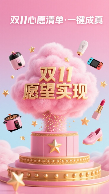 创建一个充满活力的，3D风格的宣传海报，梦幻般的粉红色渐变背景（从浅粉色过渡到深粉色，与柔和的云纹理）。  在顶部，包括引人注目的文字：“双11心愿清单·一键成真”。 在中心，一个大的蓬松的粉红色云作预览效果