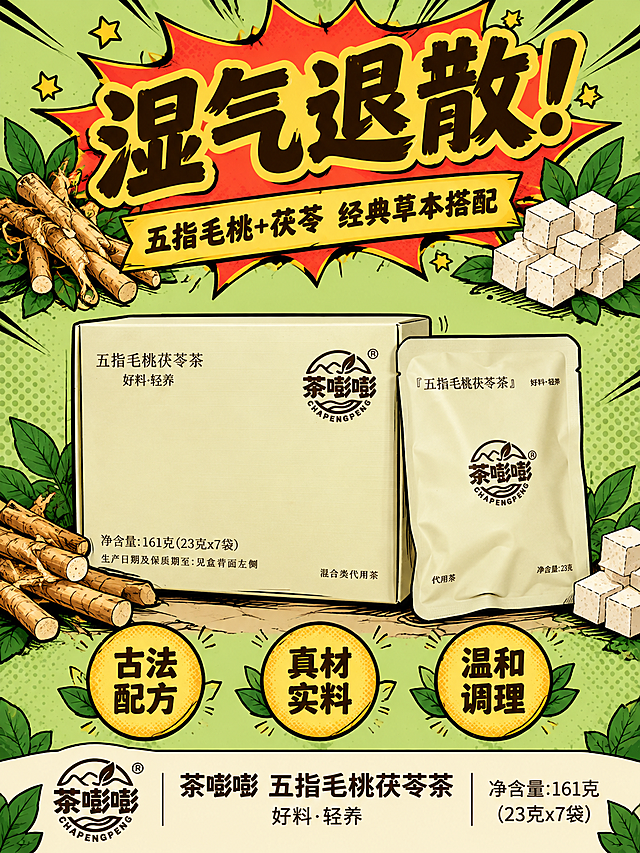 美式波普漫画风海报，竖版3:4比例。上下分栏构图。上半部分是大标题"湿气退散！"，超大粗体漫画字体，深棕色字配黄色描边，背景为红色爆炸形状，两侧有五指毛桃和茯苓的手绘漫画插图。标题下方副标题"五指毛桃+茯苓 经典草本搭配"。下半部分主体是茶嘭嘭五指毛桃茯苓茶的盒装产品居中展示，旁边斜放一袋袋装产品，产品100%还原上传商品图的外形、包装、LOGO、印刷文字、净含量，完整保留盒型、袋型、品牌logo、颜色与正面朝向。产品两侧有草本原料元素：五指毛桃根、茯苓块的漫画风格插图。背景为浅绿色渐变，带有网点纹理。底部有三个圆形卖点标签，分别写着"古法配方""真材实料""温和调理"。最底部是品牌信息"茶嘭嘭 五指毛桃茯苓茶 好料·轻养 净含量:161克(23克x7袋)"。整体波普漫画风格，清新草本色调，粗黑描边，网点印刷效果，版式精美，文字清晰可读，产品不变形。画面中所有数字必须精确渲染，"161克""23克""7袋"数字准确。