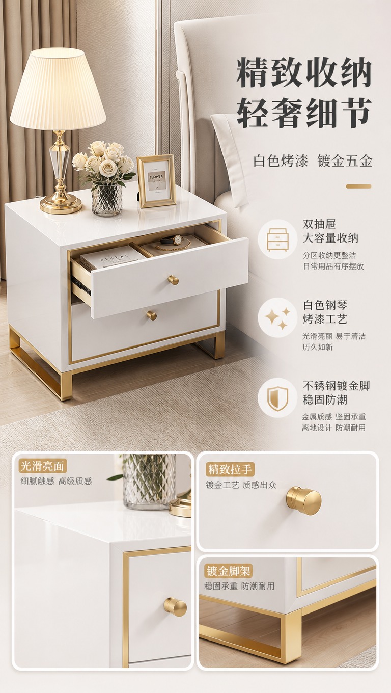 [商品] 使用【图2】白色床头柜；保留白色烤漆柜体、双抽屉、金… - 图片创意预览