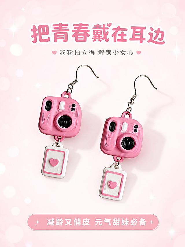 [第1屏] 详情页头图-相机耳钉新品宣传海报，产品为粉色拍立得相机造型耳环，搭配爱心照片吊坠。
[氛围/风格] 甜妹元气少女风，柔和粉白背景，明亮清透商业摄影质感，整体风格可爱俏皮，充满少女心。
[元素布局] 一对粉色相机耳钉放置在画面中心偏上区域，占据画面65%-70%主体大小。保持产品原有的粉色拍立得相机造型、黑色镜头、爱心照片吊坠的结构细节，颜色与原图保持一致，细节清晰。背景搭配浅粉色渐变底色，点缀细碎白色高光光斑，边缘预留充足文字区域，不遮挡产品主体。
[光影质感] 顶部柔和主光，右侧辅助光补亮产品细节，底部形成自然柔和投影，整体明亮通透，产品质感晶莹清晰。
[配色色系] 全局底色：#FFF5F8（浅粉白）；主体配色：#F472B6（相机粉色）+ #FFFFFF（吊白底）+ #EC4899（爱心粉色）+ #18181B（镜头黑色）；文字颜色：#18181B（深灰）。
[视角构图] 正面平视45°斜角拍摄，产品主体居中，景深较浅，背景虚化突出产品，阅读动线从上到下。
[文字版式] 上方主标题 "把青春戴在耳边"，字体选择圆润可爱粗黑体，字号为画面宽度的9%，居中对齐；主标题下方副标题 "粉粉拍立得 解锁少女心"，字号约为主标题的40%，浅灰色居中；底部信息条 "减龄又俏皮 元气甜妹必备" 圆角浅粉色信息条，白色文字居中展示，不遮挡产品主体。
[比例分辨率] 3:4竖版比例，4K分辨率，文字清晰可辨。
[负向提示词] 产品变形，结构错误，颜色偏差，文字错乱，水印，背景杂乱，缺件错件，模糊。
