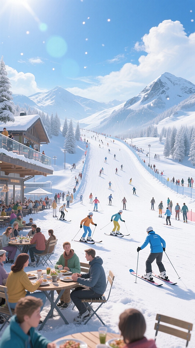 插画风与3D结合，呈现梦幻雪景中的滑雪乐园，光影交错，人物生动，营造清新舒适氛围，虚拟现实感十足。
