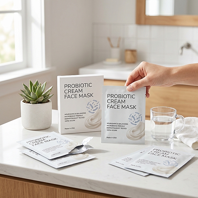 [Main Image 5] Package Display & Usage Scenario for Probiotic Cream Face Mask. Minimalist high-end style, bright clean bathroom vanity scene, place multiple sheets of the Probiotic Cream Face Mask in natural arrangement on white stone countertop, with a small succulent plant and clear glass cup as simple decoration. Keep the product appearance consistent with input image, no deformation. Soft natural morning light coming from window, warm transparent atmosphere, shows the product naturally in daily skincare routine. 1:1 square composition, full screen no border. All text in English, comply with Amazon specification. 2K resolution, super high definition, picture clean and advanced. Negative prompt: deformation, watermark, text garbled, blurry product, messy background, Chinese characters, over-decorated, cluttered.