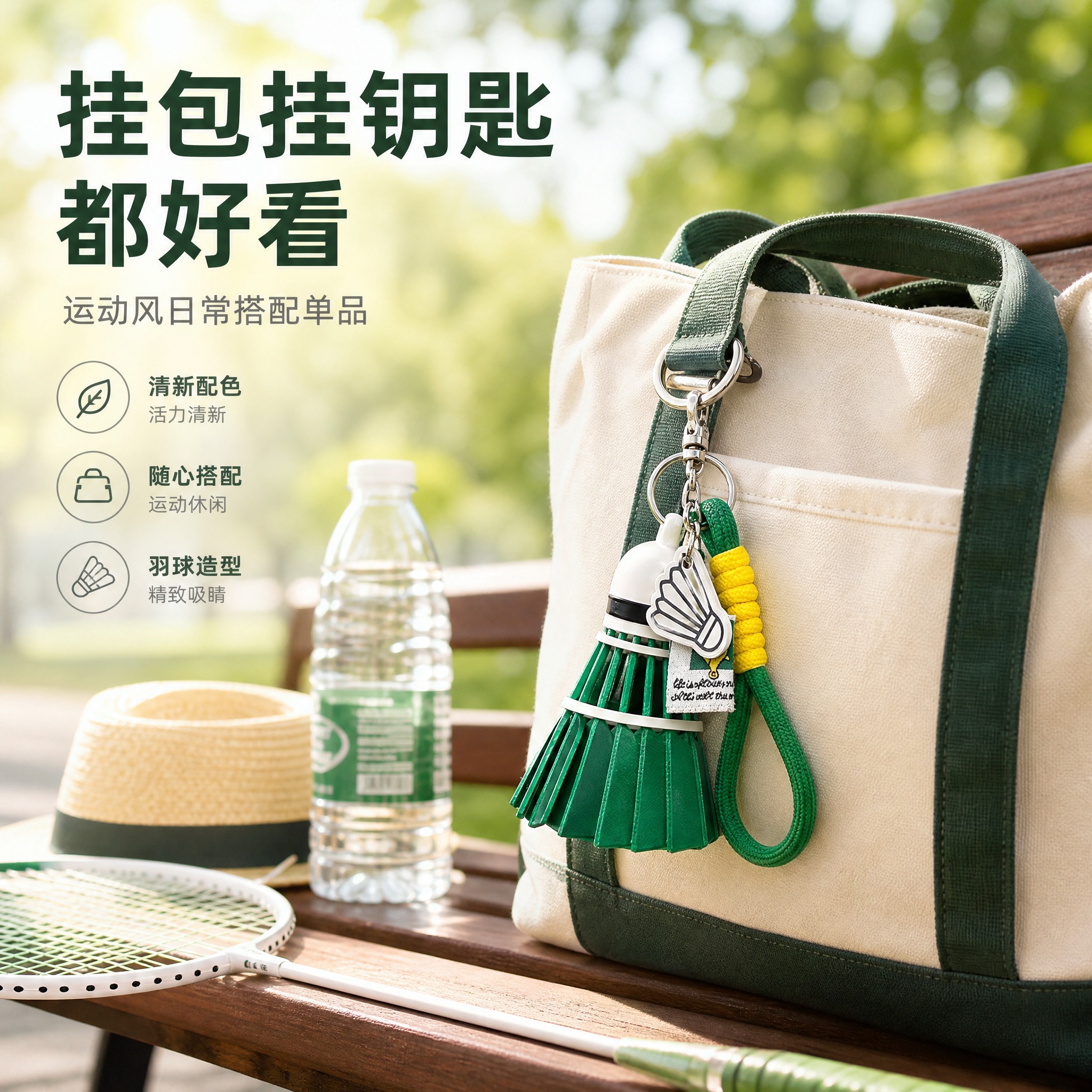 [主图-3] 绿色羽毛球造型钥匙扣挂件 风格搭配使用场景图。… - 图片创意预览