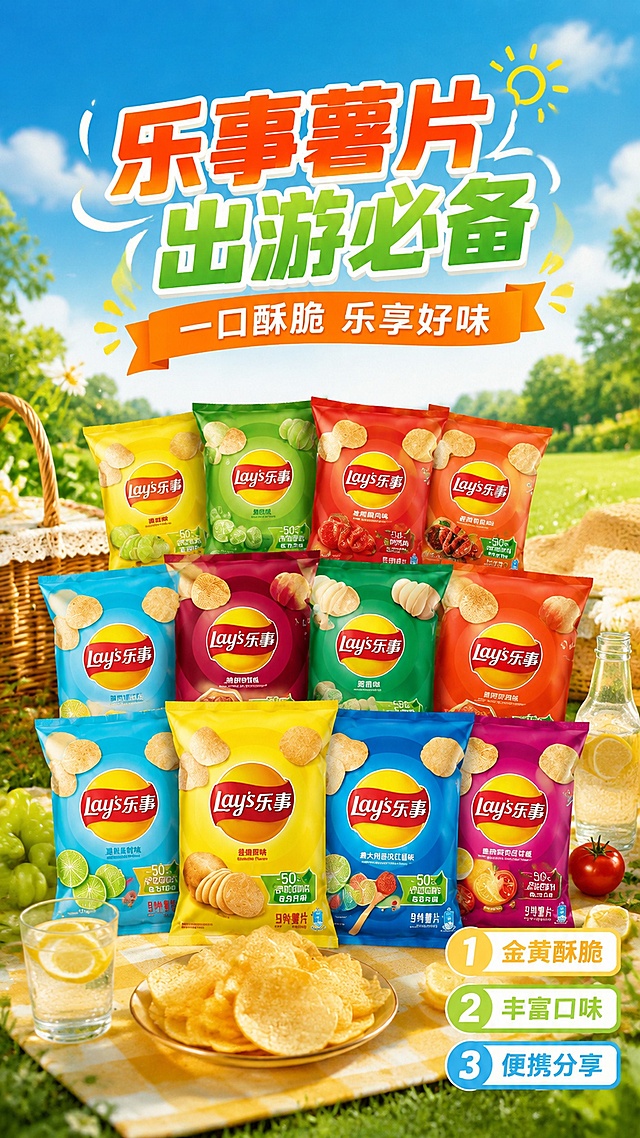 商品推广配图，风格写实商业摄影，年轻野餐风格，乐事薯片全家福，100% 还原各款产品包装外形、LOGO、口味文字和配色。主标题文字"乐事薯片 出游必备"，副标题文字"一口酥脆 乐享好味"，卖点①金黄酥脆 ②丰富口味 ③便携分享。产品摆放在野餐垫上，周围搭配青草、柠檬片、气泡水，蓝天背景，明媚自然光，整体清新有食欲，适合年轻休闲场景推广。版式标题在上，产品自然排布，卖点标签右下角，排版精美。