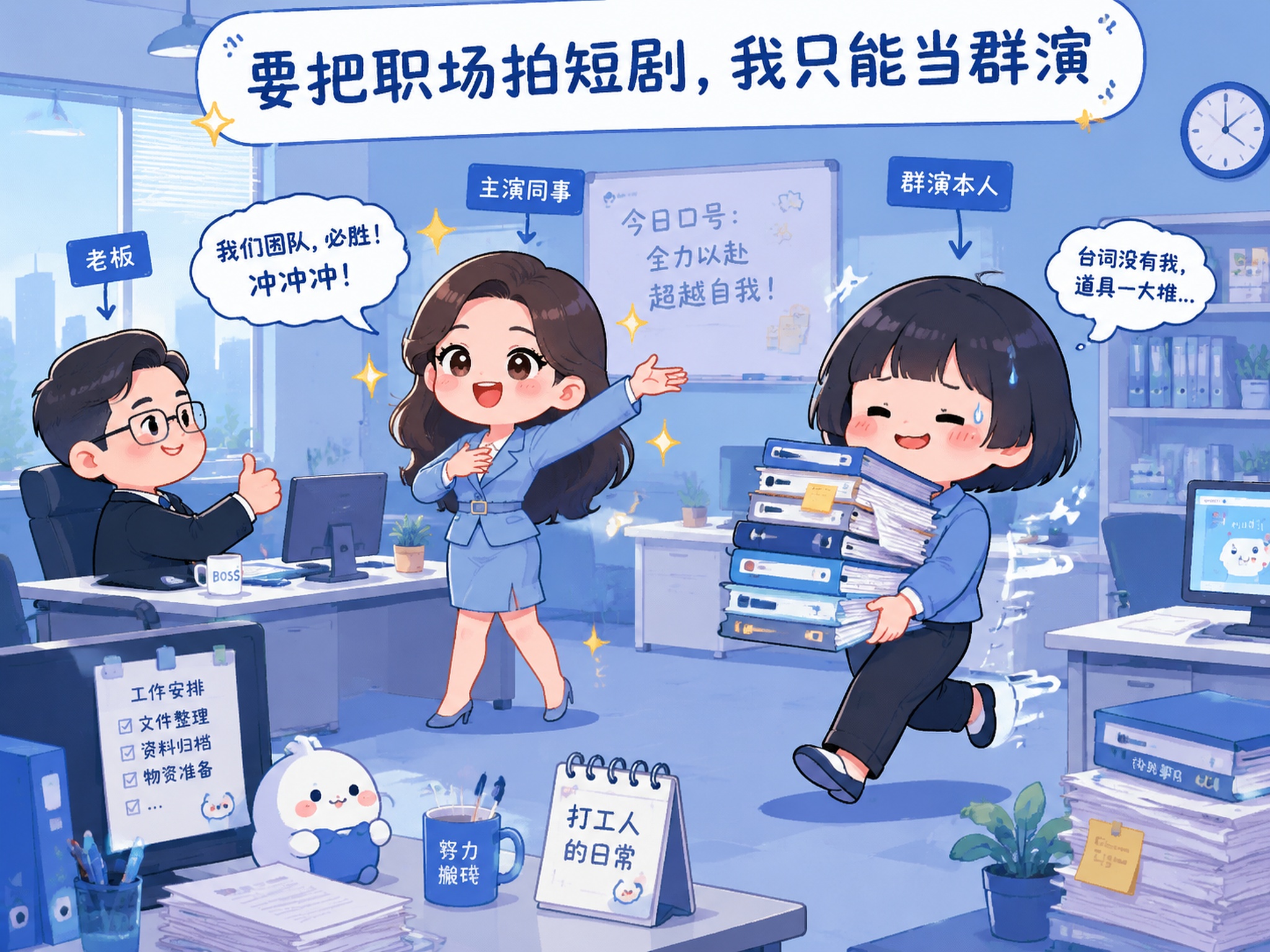 可爱扁平插画风格，蓝色系配色，短发圆脸的职场女生作为主角，画面… - 图片创意预览