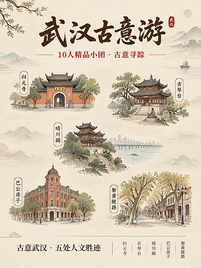 武汉古意路线旅游海报，竖版构图，极简国风新中式风格，元素简洁雅致，古意盎然。画面上方居中是主标题"武汉古意游"，采用典雅的书法字体，深褐色或墨色，古朴大气。主标题下方是副标题"10人精品小团 · 古意寻踪"，朱红色简洁字体，突出10人小团。画面中部以简洁雅致的线描插画形式呈现五大古意景点：归元寺（古刹山门，禅意简笔）、古琴台（古琴台建筑，知音文化意象）、晴川阁（临江古阁，飞檐简笔）、巴公房子（近代红砖老建筑，复古质感）、黎黄陂路（民国风情街景，梧桐剪影），景点排列有序，留白充足，线条简洁，色调统一在古朴的赭石、墨色、青灰之间。背景采用浅米色或宣纸质感的淡底色，点缀少量淡墨山水晕染，营造古意氛围。底部是简洁的信息区域，左侧"古意武汉 · 五处人文胜迹"文字，右侧六个景点名称以简洁竖排或横排方式排列。整体风格古朴雅致，简约不花哨，突出古意人文路线和10人精品小团的品质感。版式精美，层级分明，四周留有安全边距。画面中所有数字必须精确渲染。