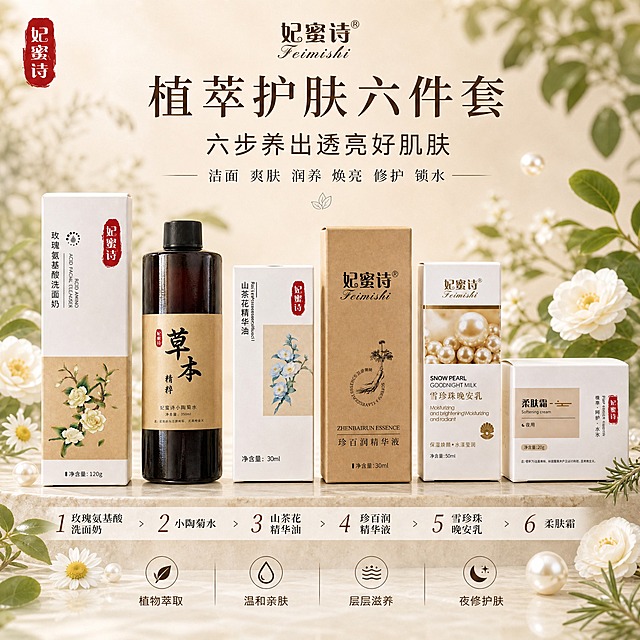 [单张主图] 妃蜜诗植萃护肤六件套 高级氛围感主图 淘宝天猫1:1方图 在原五件套基础上洗面奶后增加小陶菊水 共六件产品按护肤顺序排列 展示完整六步护肤流程

[画面主体] 六件护肤产品按使用顺序从左到右阶梯式错落排列 高度依次起伏形成优美节奏 顺序为 1玫瑰氨基酸洗面奶 2小陶菊水 3山茶花植萃精华油 4珍百润精华液 5雪珍珠晚安乳 6柔肤霜 产品外观包装颜色材质Logo与输入产品图完全一致 小陶菊水为深棕色玻璃瓶配黑色瓶盖 米黄色牛皮纸标签 主体占画面约58% 居中偏下放置 产品立在浅米色石材台面上 底部有自然柔和的接触阴影

[构图版式] 采用中轴诗意氛围型版式 顶部居中放品牌Logo 六件产品按顺序横向阶梯排列 上方大标题 底部步骤序号和轻图标卖点 整体对称中带错落感 留白充足 高级静物摄影质感 六件产品间距均匀 视觉平衡

[场景元素] 背景为浅米白到浅杏色的柔和渐变 背景虚化处点缀少量真实草本植物元素 山茶花花瓣 积雪草叶片 珍珠 洋甘菊小雏菊 玫瑰花枝 迷迭香枝条 分散在产品周围和背景中 数量克制不杂乱 前景有轻微柔雾感 营造天然植萃温润氛围 产品周围有极淡的光晕 突出主体 台面有轻微反光

[文案版式] 顶部左上角放妃蜜诗红色印章Logo 与产品包装一致 顶部中间放妃蜜诗中英文品牌名
主标题位于产品上方居中 分两行 第一行大字 植萃护肤六件套 第二行稍小 六步养出透亮好肌肤
主标题下方一行小字副文案 洁面 爽肤 润养 焕亮 修护 锁水
底部横向排列六个步骤序号 从左到右依次为 1 玫瑰氨基酸洗面奶 2 小陶菊水 3 山茶花精华油 4 珍百润精华液 5 雪珍珠晚安乳 6 柔肤霜 步骤之间用箭头连接 字号统一 清晰可读
最底部横向排列4个细线图标卖点 从左到右依次为 植物萃取 温和亲肤 层层滋养 夜修护肤 每个图标配对应文字

[光影质感] 自然柔光从左上方45度斜射 产品表面有柔和高光 包装材质质感真实 纸盒纹理清晰 玻璃瓶身有通透的反光和折射 瓶内深棕色液体质感真实 底部投影柔和虚化 整体光影通透温润 浅景深 背景虚化 主体清晰锐利 商业静物摄影级质感

[配色字体] 主色为米白 浅杏 奶咖色 辅助色从产品包装提取 墨绿 浅金 淡蓝 深棕 点缀少量品牌红 字体选用细衬线宋体风 主标题字重适中偏粗 副文案和说明文字字重轻 字号层级分明 标题最大 步骤文字中等 卖点文字最小 整体优雅温润有东方草本感

[比例分辨率] 1:1正方形 2K分辨率 文字清晰可辨 产品细节清晰

[负向提示词] 产品变形 包装错字 Logo变形 颜色偏差 背景杂乱 水印 平台Logo 人物面部 夸张特效 廉价感 产品悬浮 边缘硬切 模糊不清 文字遮挡产品主体 多余装饰元素 产品数量错误