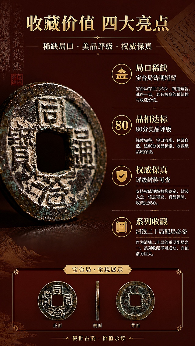 [第3屏] 收藏价值解读页-稀缺局口与品相评级。本屏使用【图1】古币作为细节展示主体。
[氛围/风格] 专业收藏分析风，严谨权威，古泉文化质感。
[元素布局] 画面左侧放大展示古币正面文字细节（字口与包浆特写），占比约40%；右侧竖向排列四大收藏价值点，每点配图标与文字；背景为深酒红色渐变，点缀金色古籍纹样与拓片装饰；底部横向展示古币全貌缩略图；保持古币文字、包浆质感与输入图一致。
[光影质感] 左侧古币特写45°侧光打亮，文字笔画与包浆纹理清晰，整体光影突出质感，右侧文字区柔光照明。
[配色色系] 全局底色 #4A1A1A 深酒红；主色金色 #D4B06A；辅助色深棕、米白。
[视角构图] 左图右文布局，阅读动线顶部标题 → 左侧细节 → 右侧卖点 → 底部全貌。
[文字版式] 顶部主标题「收藏价值 四大亮点」，副标题「稀缺局口 · 美品评级 · 权威保真」；右侧四个卖点竖向排列：「局口稀缺 宝台局铸期短暂」「品相达标 80分美品评级」「权威保真 评级封装可查」「系列收藏 清钱二十局配局必备」；每个卖点配金色小图标。
[比例分辨率] 9:16 竖版比例，4K分辨率，文字清晰可辨。
[负向提示词] 古币变形，文字错乱，颜色偏差，水印，模糊不清。
