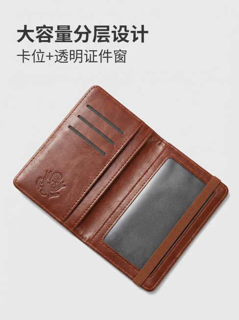 [主图2] 卡包内部结构展示，商务简约风格，浅灰色纯色背景。将红棕色卡包打开平放，展示内部分层卡位和透明证件窗，结构细节清晰，皮革纹理和针脚做工突出，整体外观颜色和细节与参考图保持一致。左上角文案 "预览效果