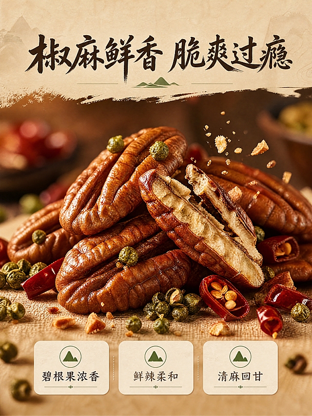 [商品] 使用【图1】中的麻辣碧根果仁（果仁本体）；保留果仁棕褐色、纵向褶皱纹理、半片形态，以及附着的青花椒粒和干辣椒段特征；不展示完整罐体，以果仁食材为主体。
[画面] 目标：卖点一·风味口感，突出椒麻鲜香与脆爽过瘾。构图：微距满版，画面中央是几颗堆叠的完整半片碧根果仁，占画面约60%；果仁表面清晰可见青花椒粒和红辣椒碎；一颗果仁被掰开，剖面露出酥脆内里，少量碎屑向四周轻微飞溅呈动态感；散落的花椒粒和辣椒段作为点缀。阅读动线：顶部主标题→中部果仁爆脆特写→底部3个风味标签。前中后景：前景碎屑与花椒、中景主体果仁、后景深棕色暖调虚化背景。
[视觉] 套系策略：风格=国风自然质感商业摄影，暖调质朴高级；标题字=手写书法体（苍劲有力，呼应标签字体风格）；正文字=简洁宋体/细黑体；主色=暖米杏色；背景延展=基于暖米杏做深浅层级、同色渐变和细腻纸张/麻布肌理；强调色=椒麻红（干辣椒红）+ 藤椒绿（青花椒绿），仅用于小面积图标、引线、标签和原料点缀；标题色=深炭褐；正文色=中暖灰；组件=圆角浅底信息卡、细线引线、山形小图标；光影=左前侧暖柔光，果仁表面油润光泽，剖面酥脆纹理清晰。
[文字] 顶部居中横排：主标题「椒麻鲜香 脆爽过瘾」（8字，书法大字）；底部横排3个风味标签卡片，从左到右：「碧根果浓香」「鲜辣柔和」「清麻回甘」。文字区位于上下留白，不遮挡果仁主体和爆脆动态。
[规格] 图片比例3:4竖版，4K分辨率，负向提示：避免变形、错字、文字过小、冷蓝/冷灰背景、果仁颜色发黑、碎屑不自然、塑料感。